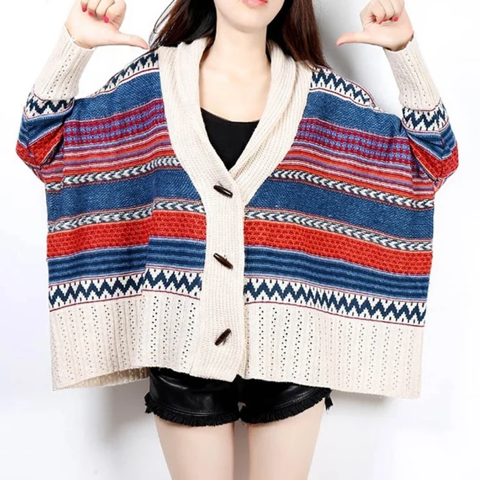 
Wholesale autumn Winter stylish Women ponchos Batwing Sleeve Knited Multicolor Sweater Cardigan 