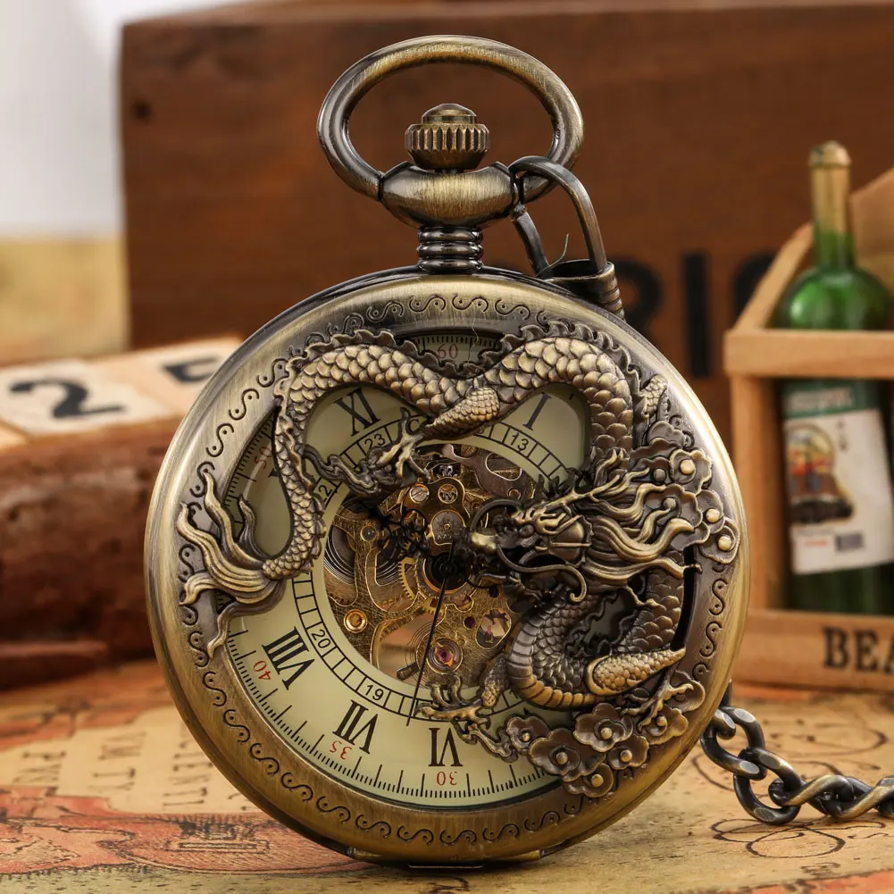 Часы наручные механические в античном стиле, подарочные карманные часы с цепочкой для ключей для мужчин, полые, в стиле стимпанк, с драконом и скелетом