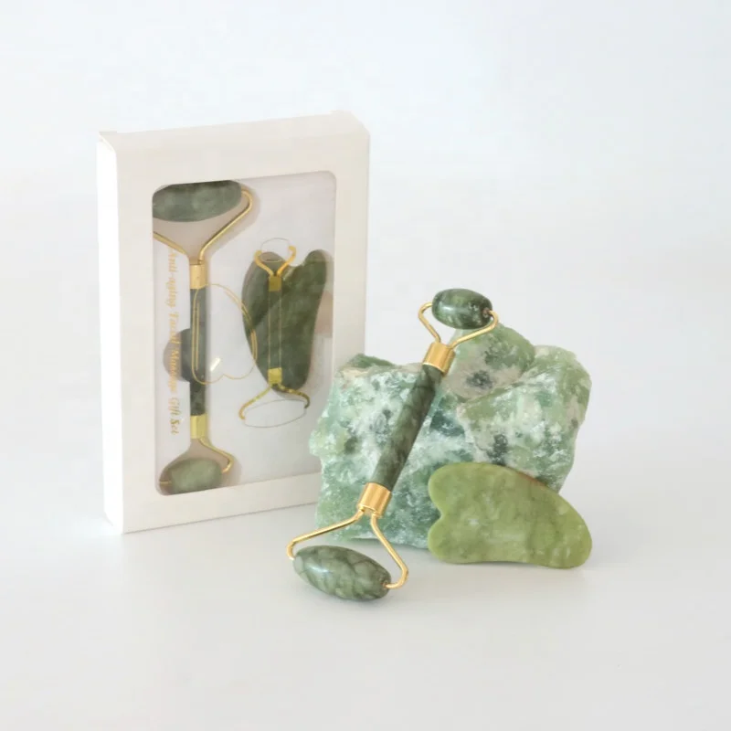 Private Label genuine natural nephrite facial green jade roller and gua sha massager set with custom box