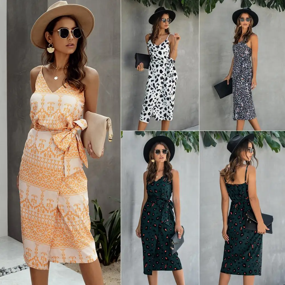 
Mid-Calf Dresses Length Front Split Lace-up Strap Flower Print Women Latest Dress Design 2020 Summer Dress 100% Cotton 