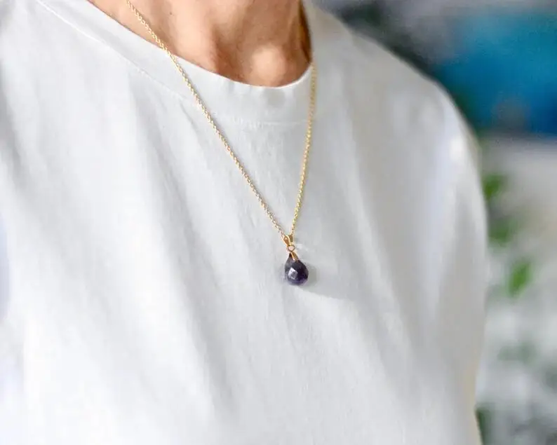 Simple Fashion Natural Stone Powder/Amethyst Pendant Necklace Gold Plated Natural Stone Crystal Necklace Faceted Drop Shape