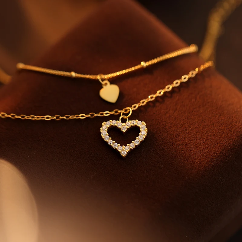 925 Sterling Silver Jewelry Gold Rhodium Plated Zircon Double Layer Heart Anklet Bracelet  Foot Chain For Women
