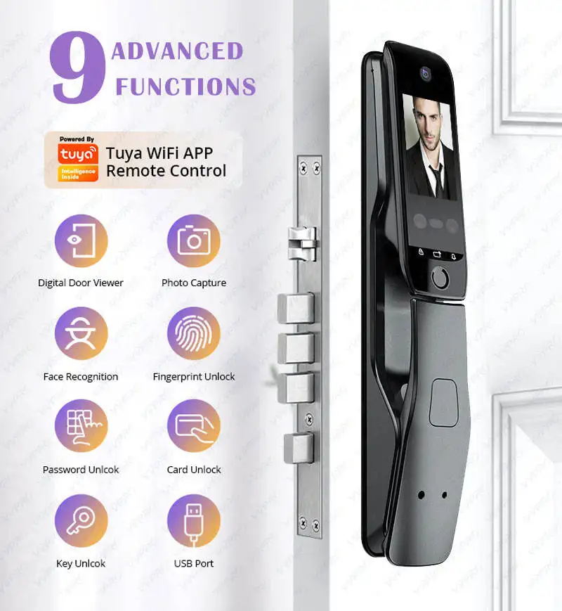 Tuya APP Remote Control Voice Intercom 3D Face Recognition Smart Lock With Camera Palmprint Fingerprint Password Smart Door Lock