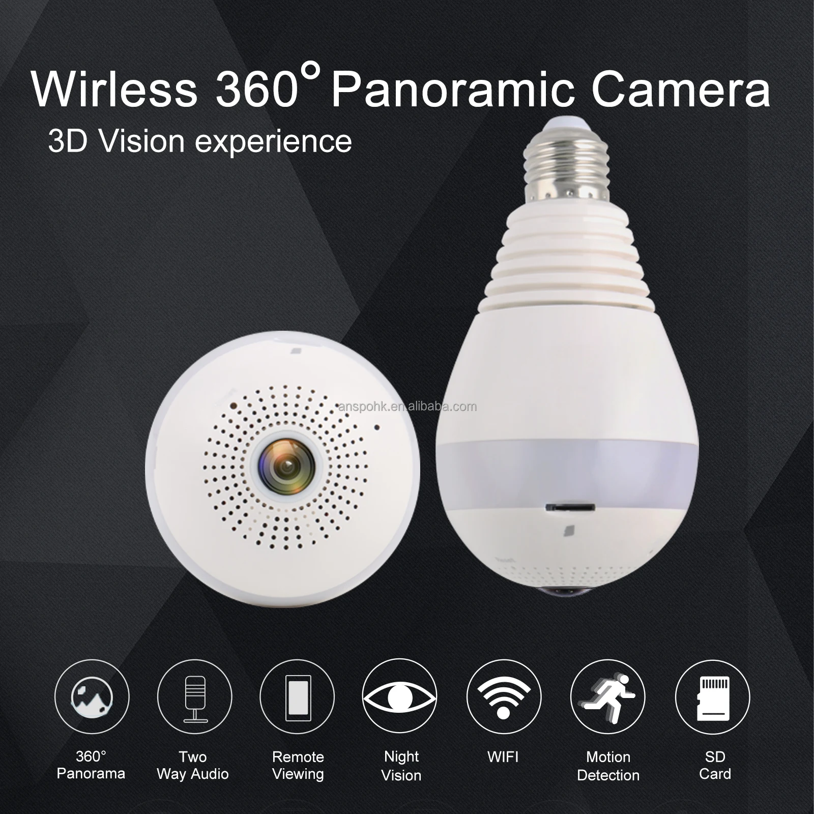 Anspo 1080p wifi camera E27 Light Bulb 360 Degrees 2.0MP Smart Wireless IP security Camera Panoramic Fisheye Bulb Light Camera