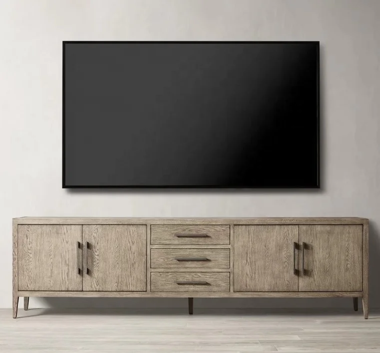 Modern American style living room wood media console French contemporary oak panel 4-door media console with drawer