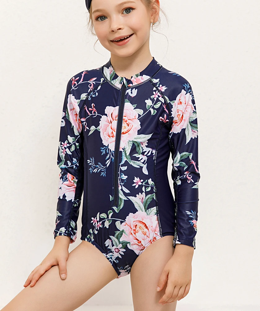 New Girls Long Sleeve Rash Guard Child One Piece Swimwear Kids Surfing Wear Schoolgirl Bathing Suit Jumpsuit For 2-10 Years Girl
