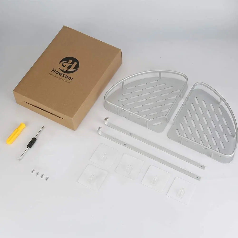 Wall Mounted No Drill Adhesive Shower Corner Shelf 2 Tier  Non Rust Aluminum Stick Bathroom Shelves Caddy Storage Racks Basket