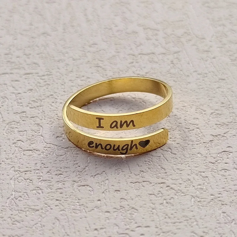 Custom Non Tarnish Silver 18K Gold Plated Stainless Steel Classic Engraved Hope Faith Love I Am Enough Rings Jewelry for Women