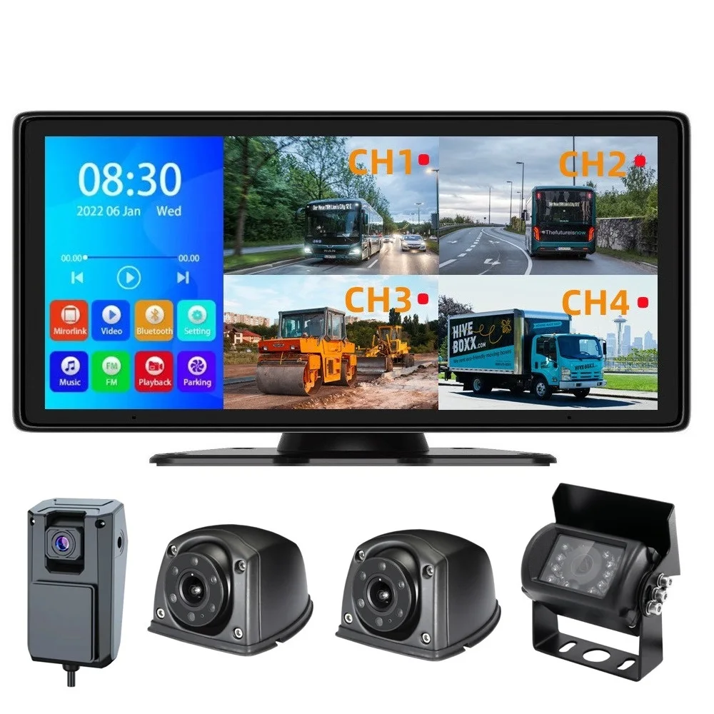 10.36 Inches 4CH Full HD 1080P AHD Loop Video Recorder Car Touch Screen 4 Channel MP5 Mobile DVR Black Box for Vehicle Truck RV