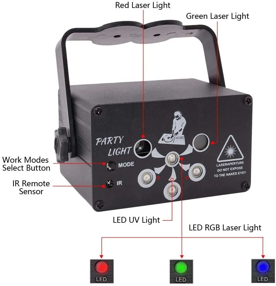 RGB Laser Stage Light Portable 6 Lens Party Light with Sound Activated IR Sensor Laser Projector for DJ