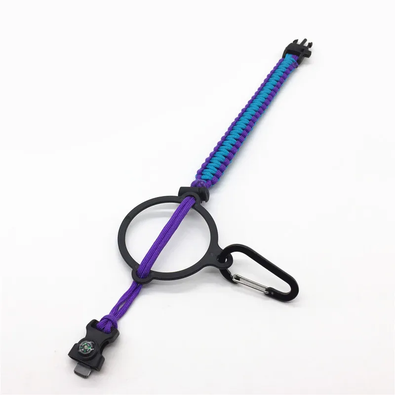 Blue paracord bottle handle with survival kit, compass, fire starter buckle for outdoor hiking camping walking