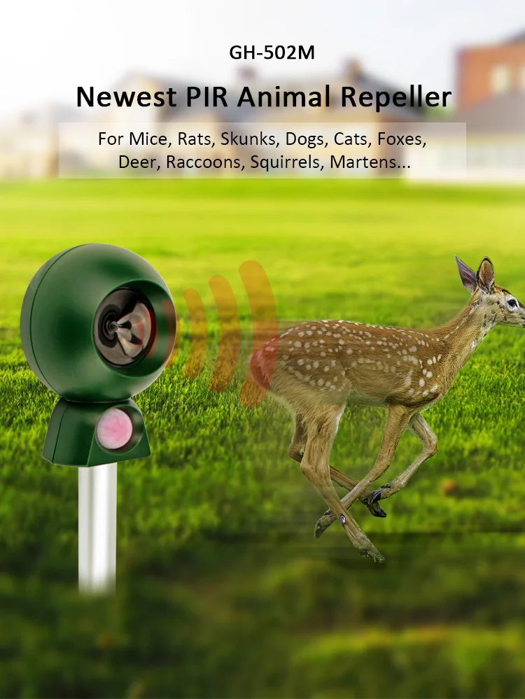 GH-502M outdoor Newest PIR ultrasonic dog pest repeller useful cat catcher with pole for farm garden and pest control