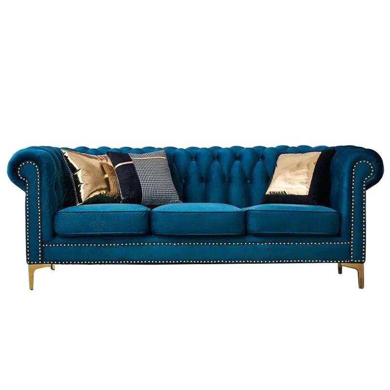 Blue golden legs sectional couch velvet fabric button chesterfield sofa