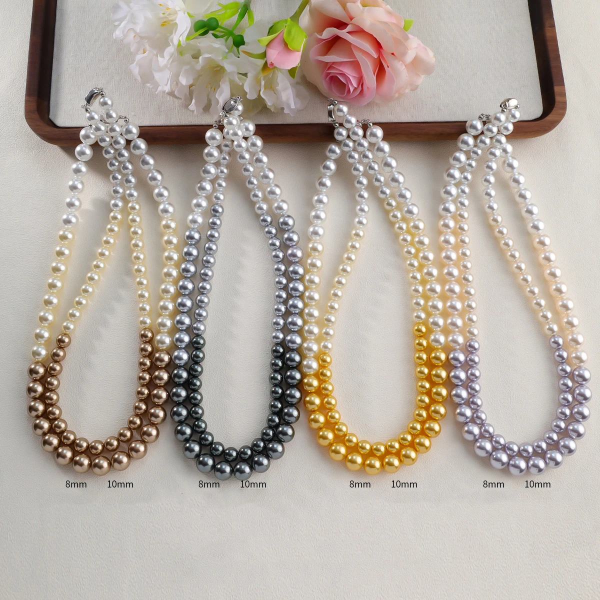 Stylish Pearl Bead Necklace S925 Sterling Silver with Ingots Clasp Multi-color Cream White Round Pearl Necklace for Gift