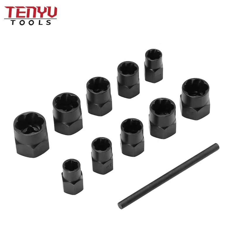11pcs Twist Socket Set 9-19mm Damaged Screw Nut Extractor Tool with a Punch Rod Set
