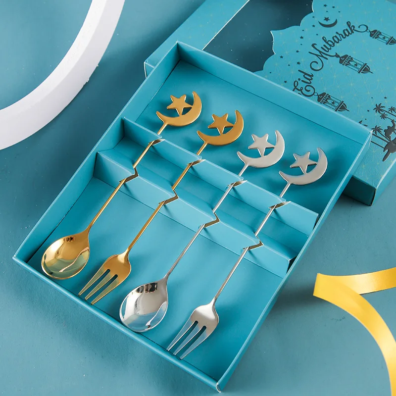 Moon Star Spoon 304 Stainless Steel Fork Set Gold Coffee Dessert Ice Cream Spoon Eid Mubarak Party Muslim Islam Ramadan Supplies