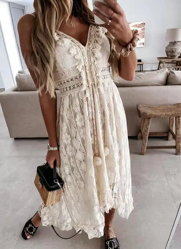 2024 summer new boho sexy maxi dresses sundress plus size slip white lace dress women elegant
