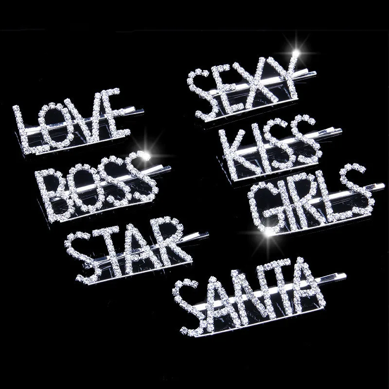 Girls Lovely Barrettes Boss Hair Clip Pins Word Letters Sparkly Bling Crystal Rhinestone Women Love Hairpins Hair Slides Clips