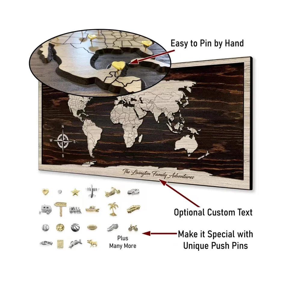 3D Wood World Map wall art with countries Wood wall art Push pin map of the World Carved wooden map