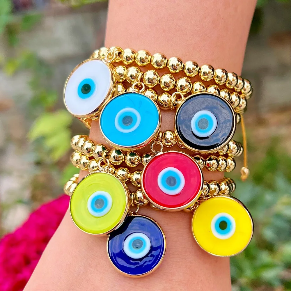 Fashion New round evil blue eye oil dripping large copper 18k Gold Plated bead bracelet adjustable for women Resin lucky Pendant