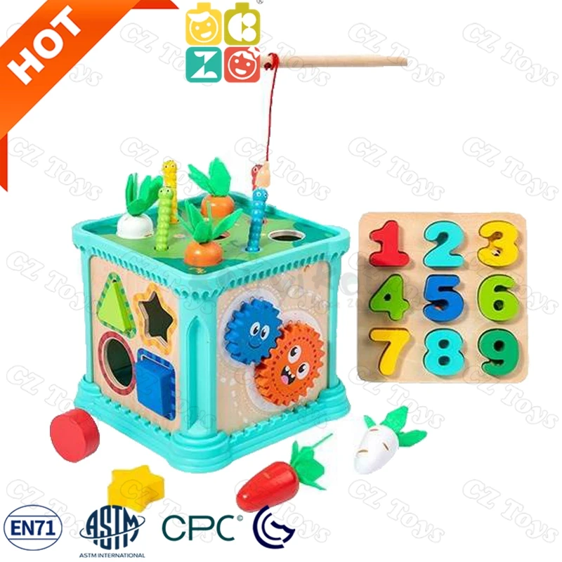 New Arrival 2024 Wooden Early Education Sensory 6 in 1 Multi-functional Montessori Shape Matching Activity Cube Box Toys