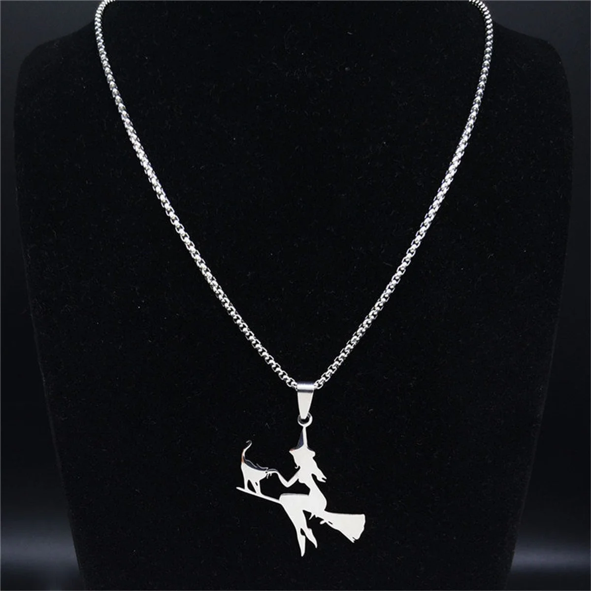 Ouj Witch On Broom With Cat Stainless Steel Pendant Necklace Alien Head Pendant Necklace