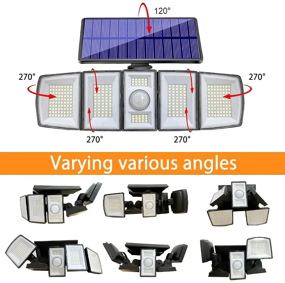 5 Head Solar Motion Sensor Floodlight 300 LED Solar Security Lights Outdoor Cordless 5 Adjustable Heads  360  Wide Angle