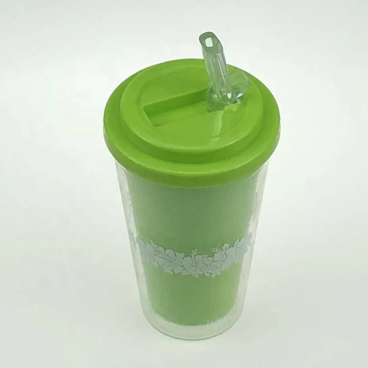 2019 new style plastic high PS initiative double-deck  cup with straw lid 350ml 500ml