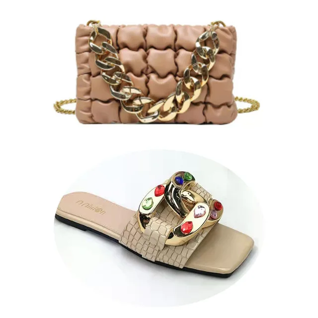 SD-2022 Luxury Glitter diamond beaded Metal buckle open toe leather slipper with shoulder bag set lady purse sandals outfits