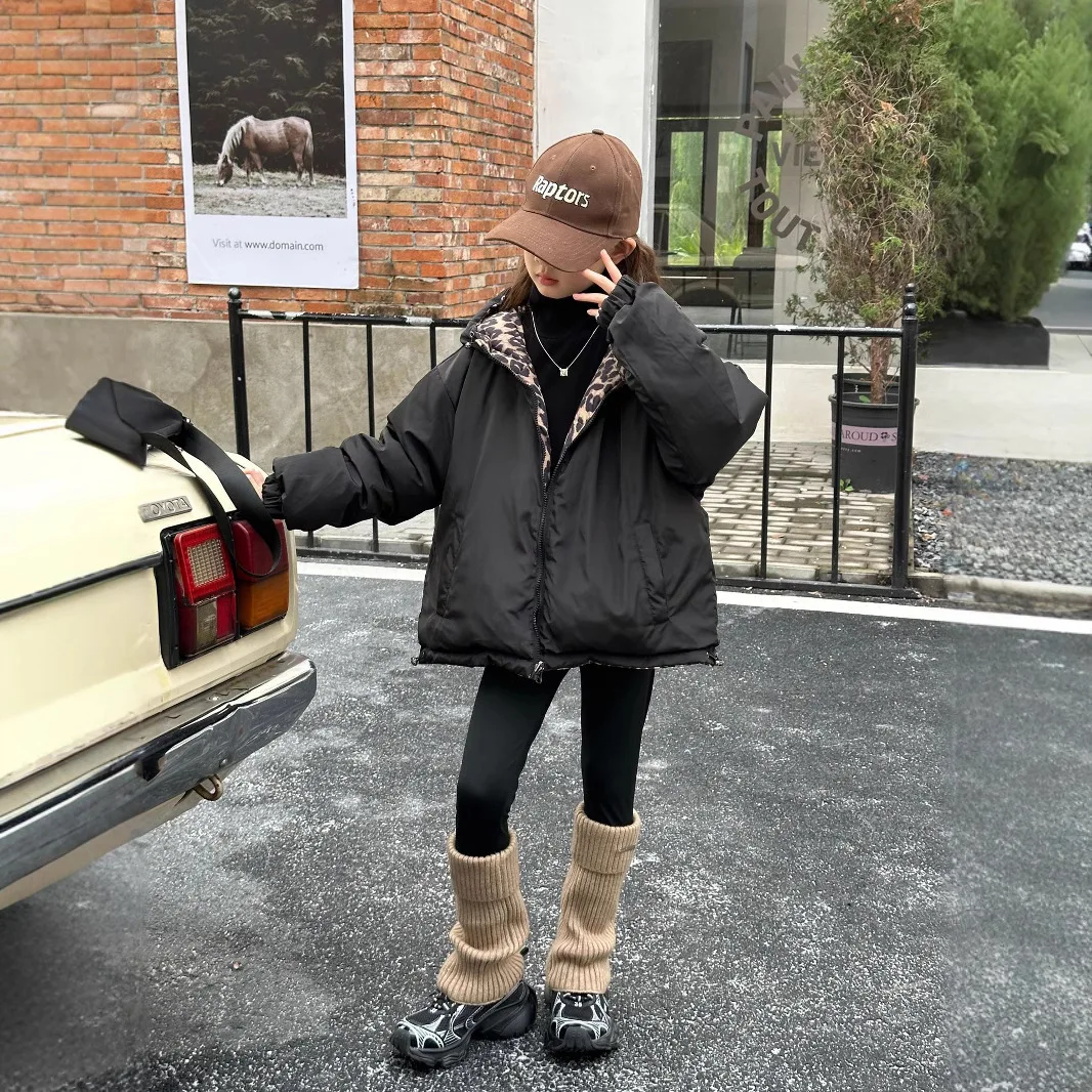 2024 New Teenagers Girls Winter Children Girl Leopard Thicken Outdoor Wear Coat