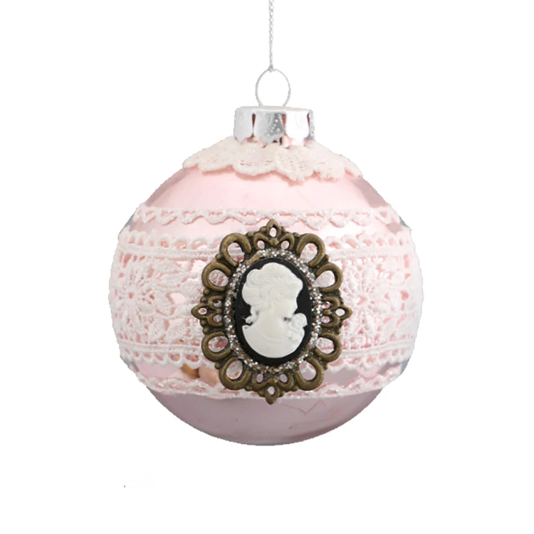 Прямая продажа от производителя, популярные классические розовые рождественские стеклянные украшения 8 см, кружевные декоративные стеклянные шары на Рождество
