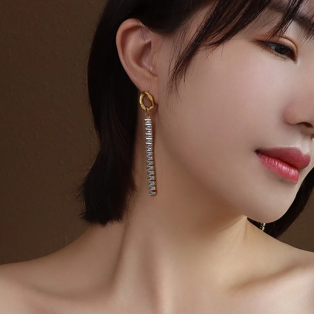 French style jewelry fairy full diamond zircon titanium steel earrings show slender Tassel Earrings 18K gold earrings wholesale