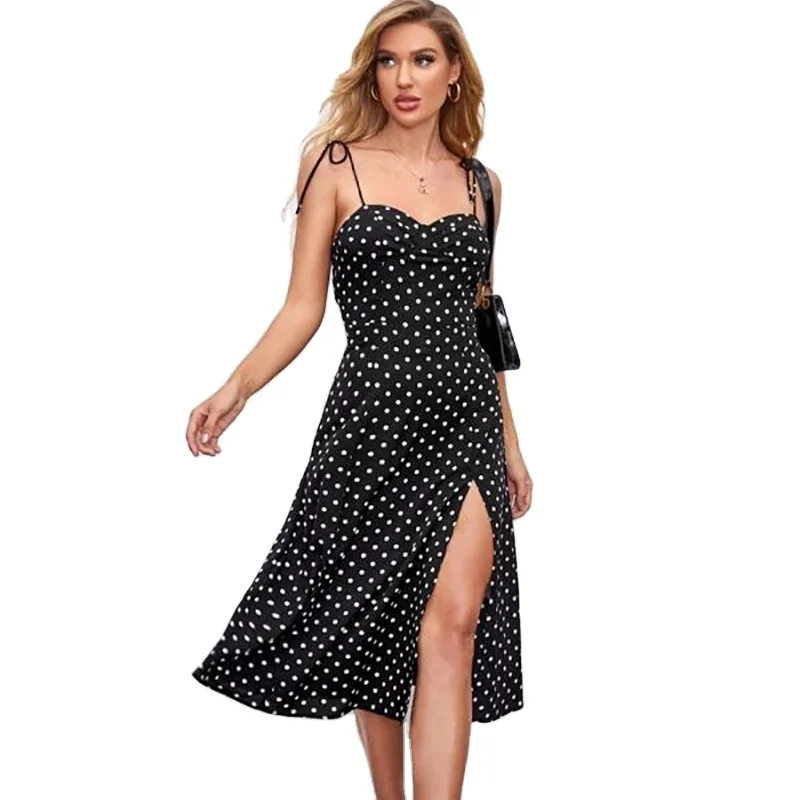 Women Midi Dress Casual Dresses Simple Factory Wholesale Polka Dot Spaghetti Strap Sleeveless Sexy Summer Split Thigh Polyester