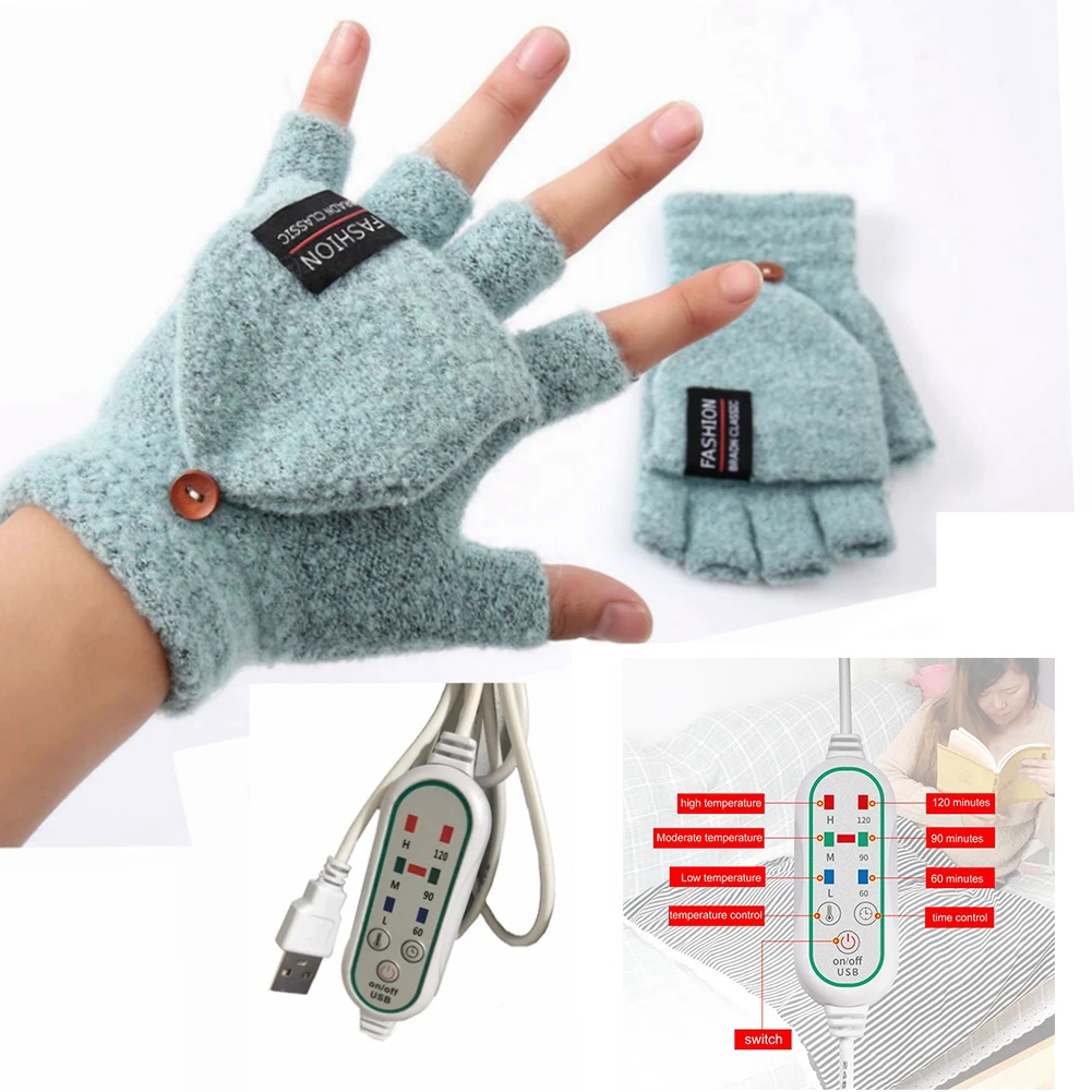 Cotton Cashmere Winter Skiing Knit Ladies Heated Women Hand Warmer Touch Screen Glove Knitted Fingerless Gloves Flip