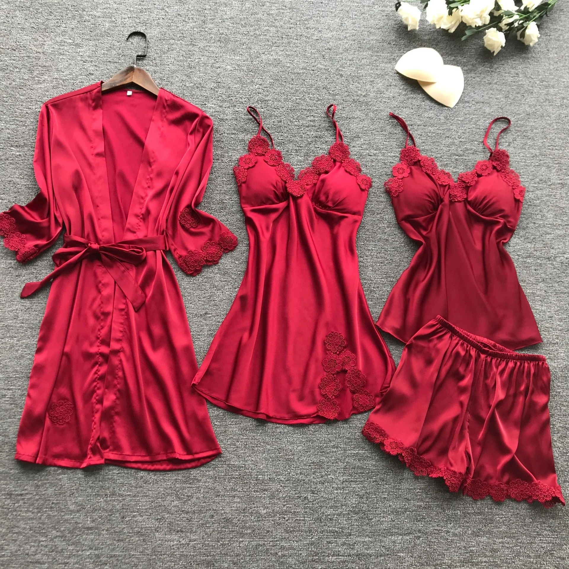  Wholesale Women Four Pieces Lace Sleepwear Elegant Silk Satin Pajamas Set 4 Home