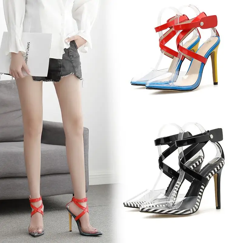 Женские босоножки с острым носком, туфли-лодочки на высоком каблуке-шпильке с прозрачными кристаллами, туфли с открытым носком, размеры 43, для лета, 2021