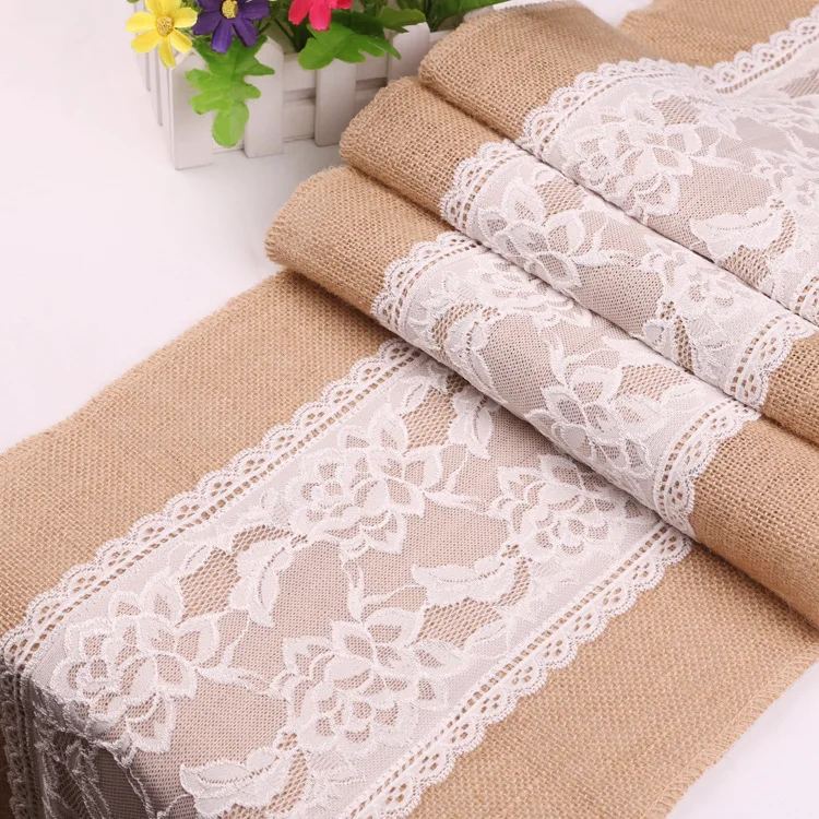 Boho style 30cm wide cheesecloth dining room burlap jute dining table runner with lace home decoration