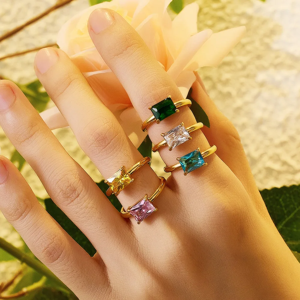 Light Luxury Colorful Square Diamond Wedding Ring 18K Gold Plated Delicate Stainless Steel Ring For Women