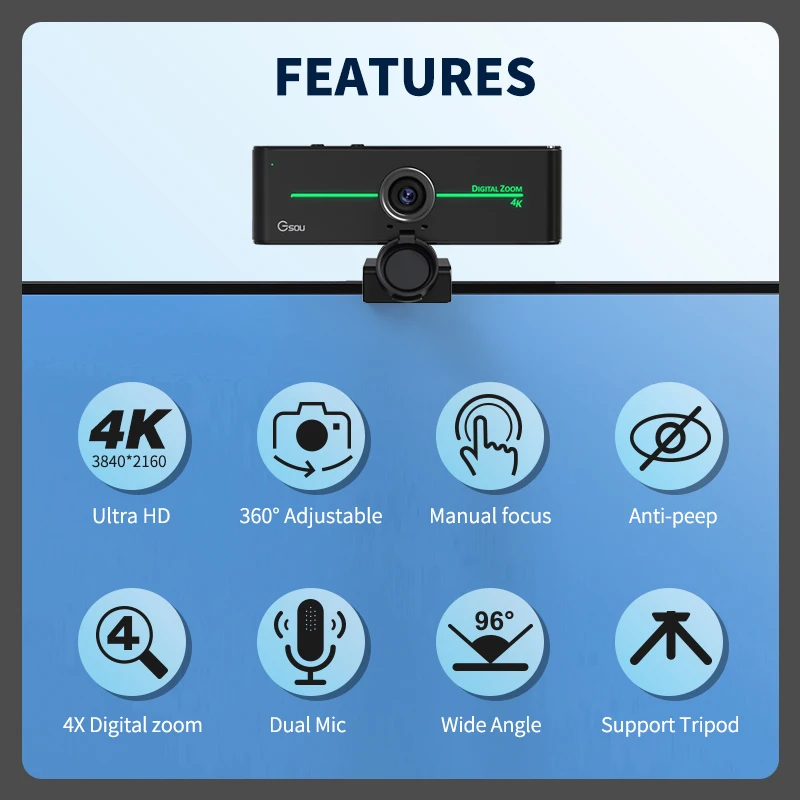 Gsou H10 4K 3840x2160 30FPS 4X цифровая HD веб-камера с USB-микрофоном свободный диск 8 Мп онлайн-чат потоковая