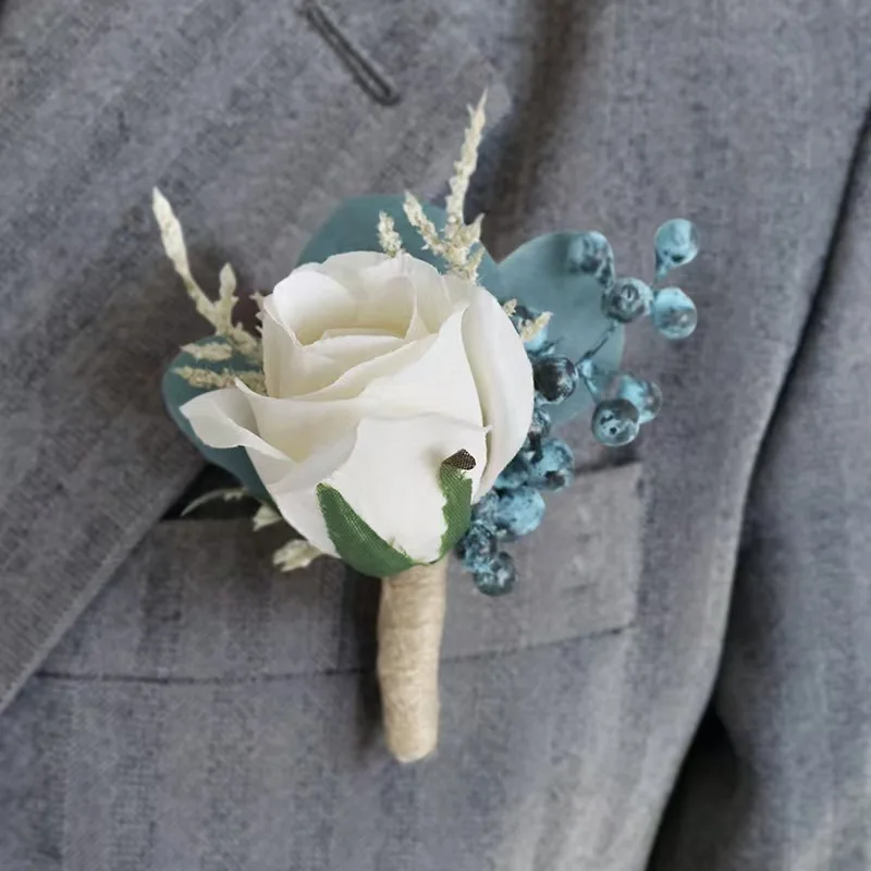 Groom Bride Corsage Simulation Silk White Rose Flower Business Conference Lapel Flower Wedding Bridesmaid Sister Wrist Flowers