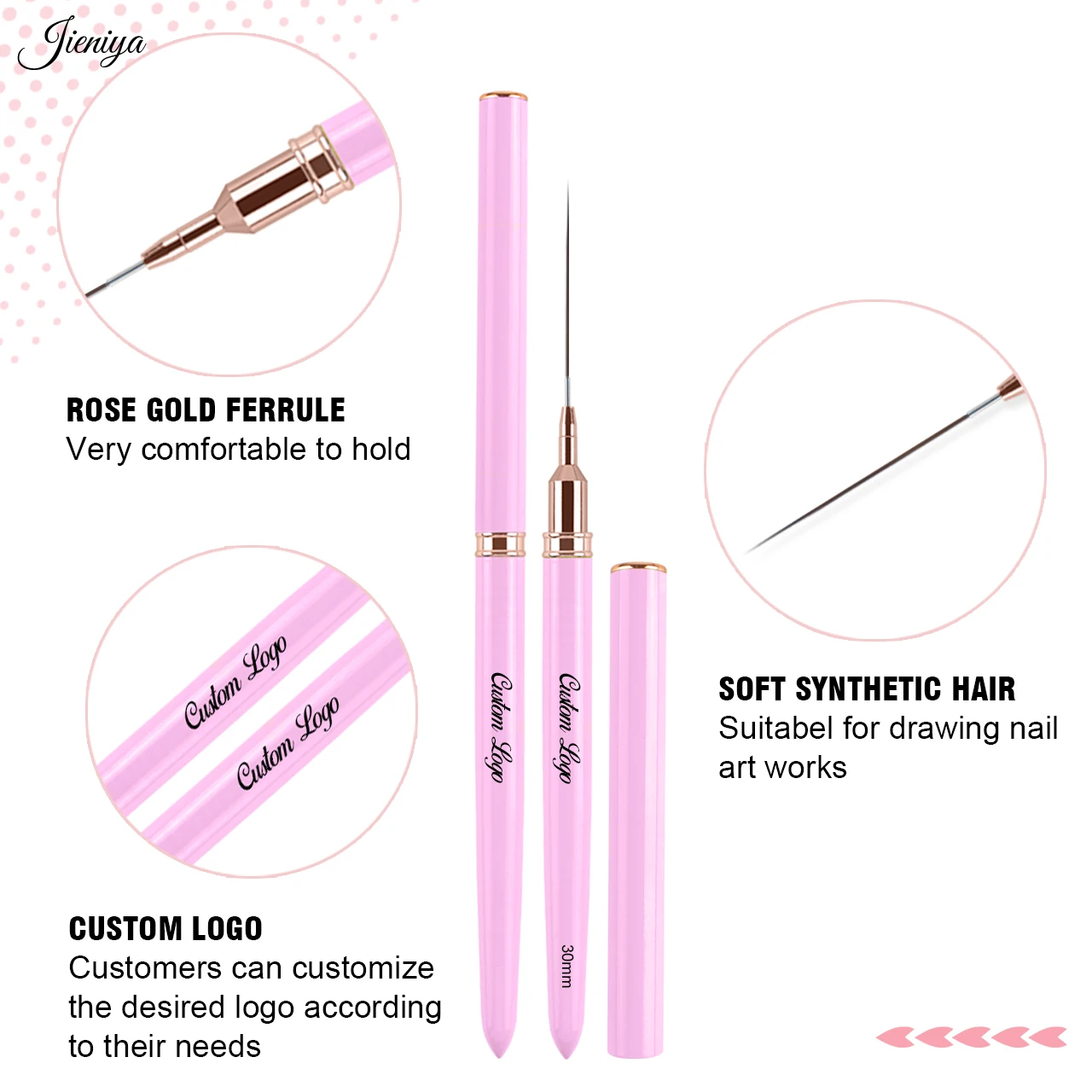 Jieniya Hot selling multiple sizes Pink Nylon Liner Brush Acrylic Striping brush Nail Art Liner Brushes set
