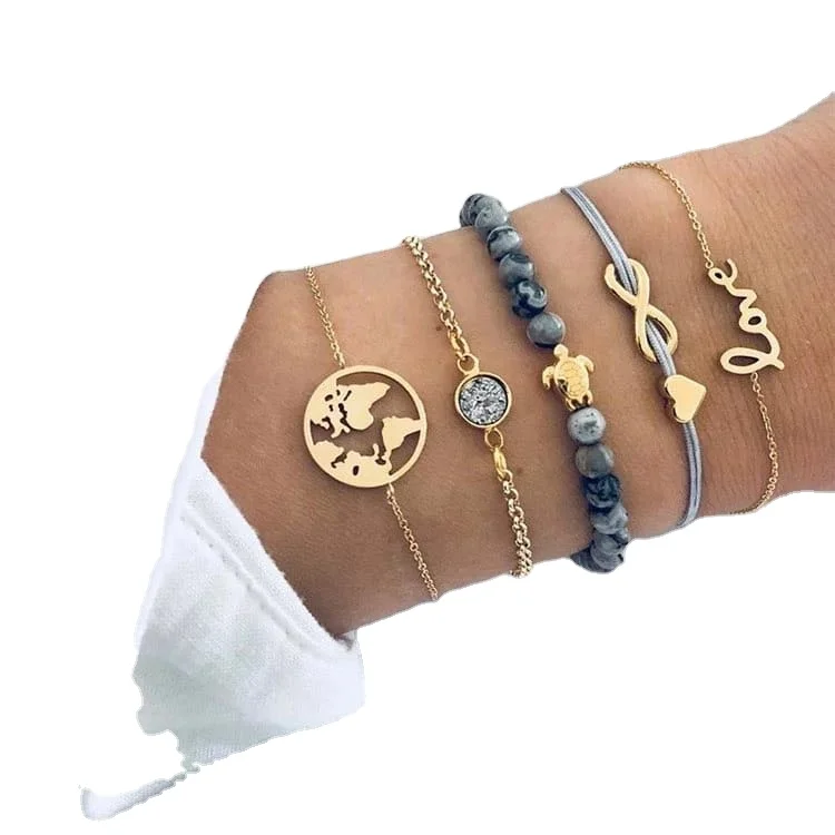 
fashion jewelry map heart letter love crystal beads chain bracelet turtle bracelet 