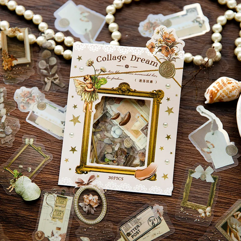 30pieces/pack Sticker Package Dream Collage Series Retro Artistic Notebook Collage Decorative Base Printed Paintings 4 Models