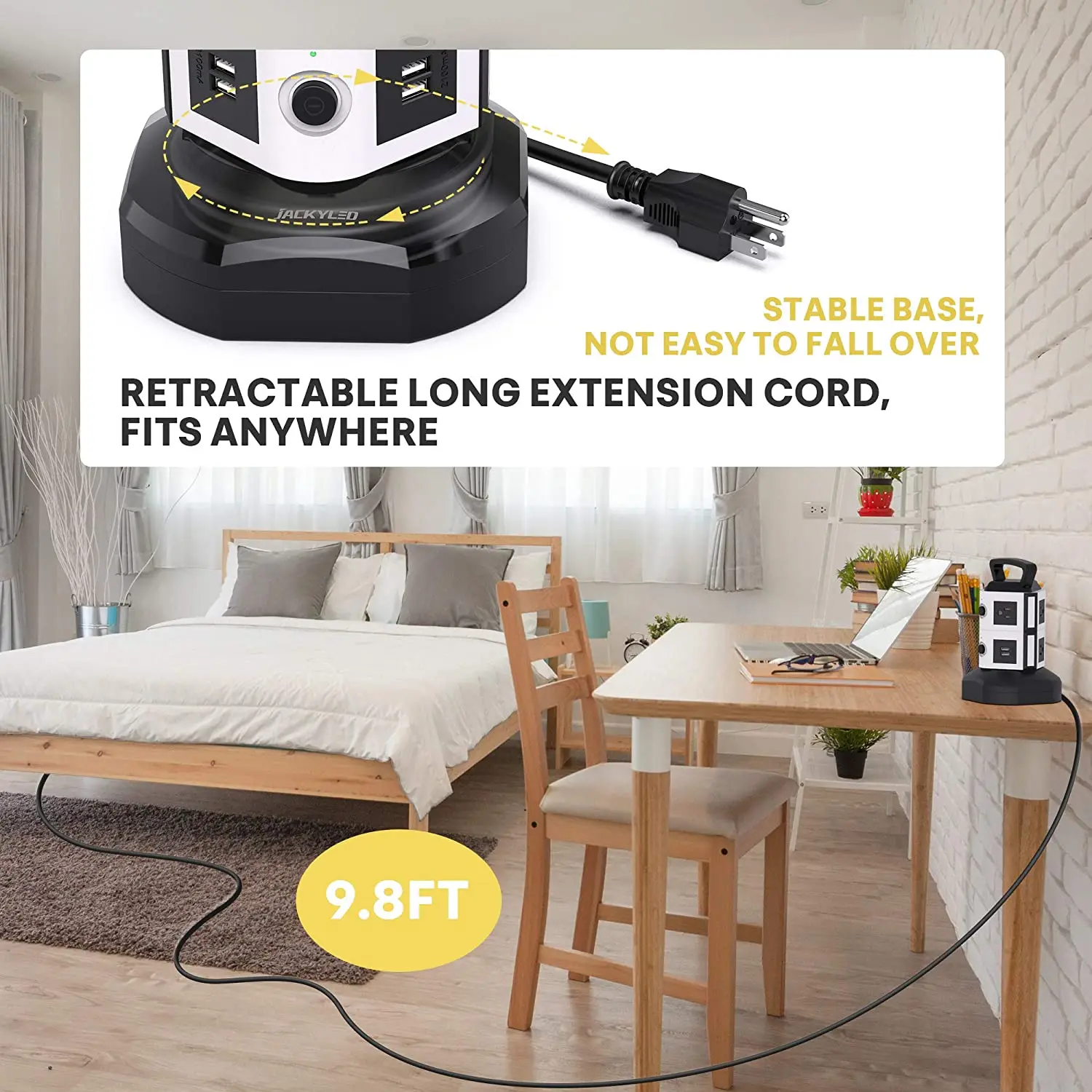 10 ft Power Strip Tower Surge Protector Electric Charging Station 6 AC 4 USB Ports Heavy Duty Extension Cord
