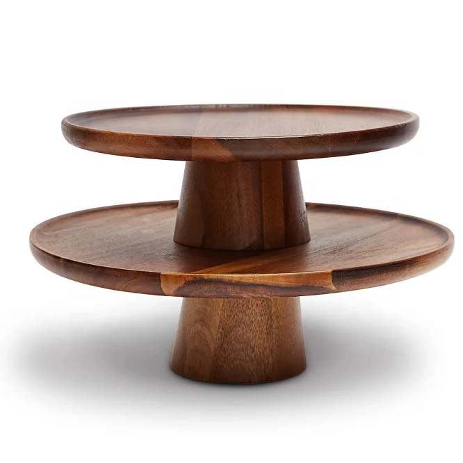 Индивидуальная Двухуровневая деревянная подставка для торта из акации свадьбы вечеринки витрина оптовая продажа деревянный двухуровневый поднос кексов на десерт торт