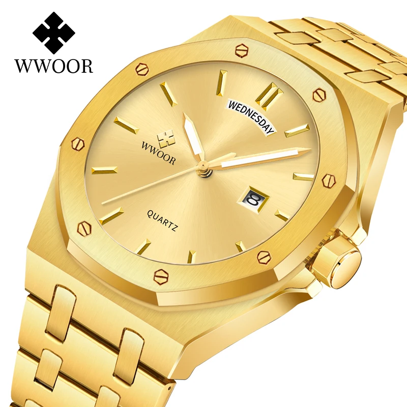Top Brand WWOOR 8887 Quartz Luxurious Watches For Mens Fashion Stainless Steel Business Date Week Display Custom Watch Dials