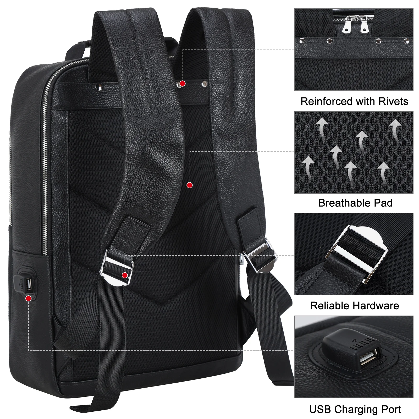 Custom Logo 15.6 Inch Cowhide Laptop Backpack Vintage Style Stock Black Full Grain Leather With USB Charging Port Casual Travel