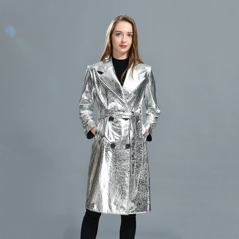 Factory Wholesale Genuine Sheepskin Leather Jackets With Real Mongolian Fur Collar And Cuffs Long Womens Leather Coats