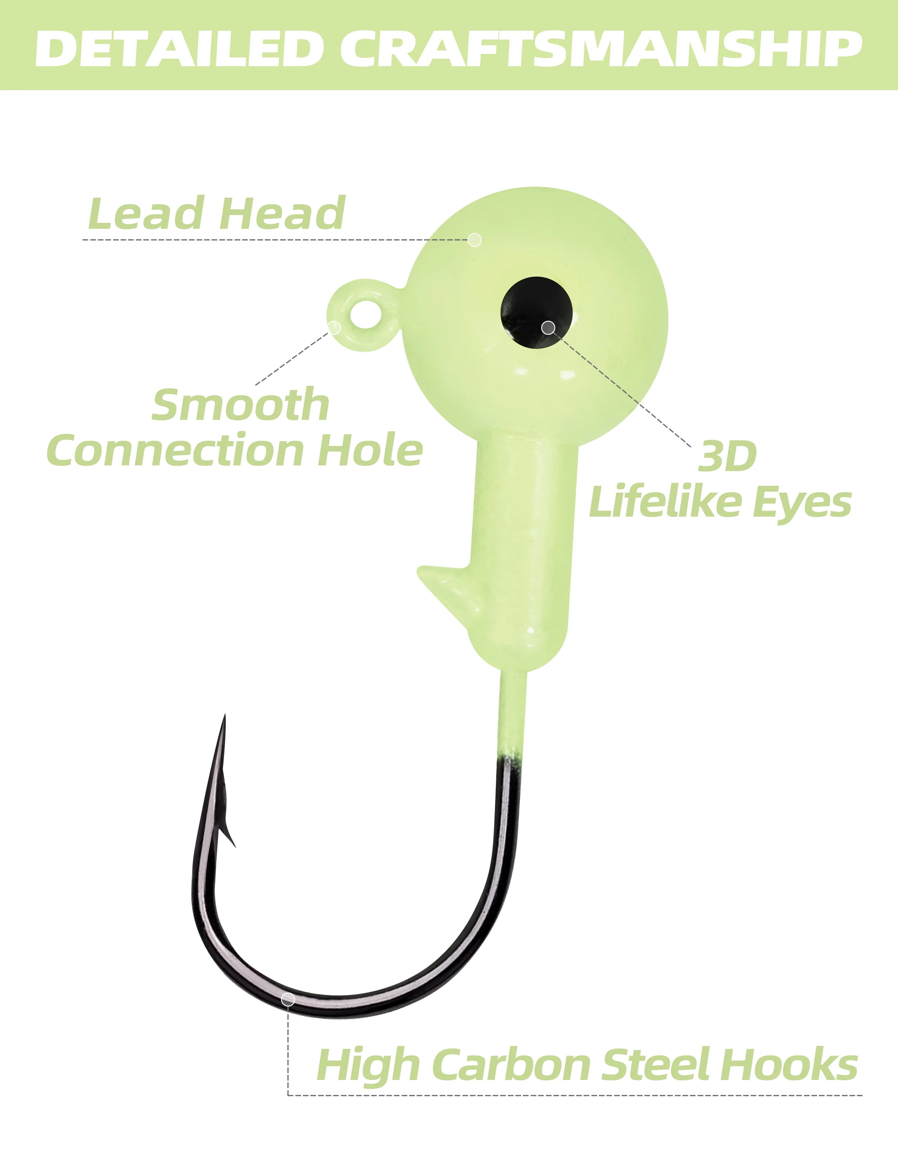 Jig Heads with High Carbon Steel Hooks - Lead Head Fishing Jigs for Walleye, Bass, Crappie, Inshore Fishing, 1/32oz-1/2oz