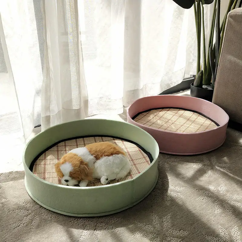Factory Price Four-Seasons Solid Color Round Felt Pet Dog And Cat Beds With Replaceable Cooling Mats